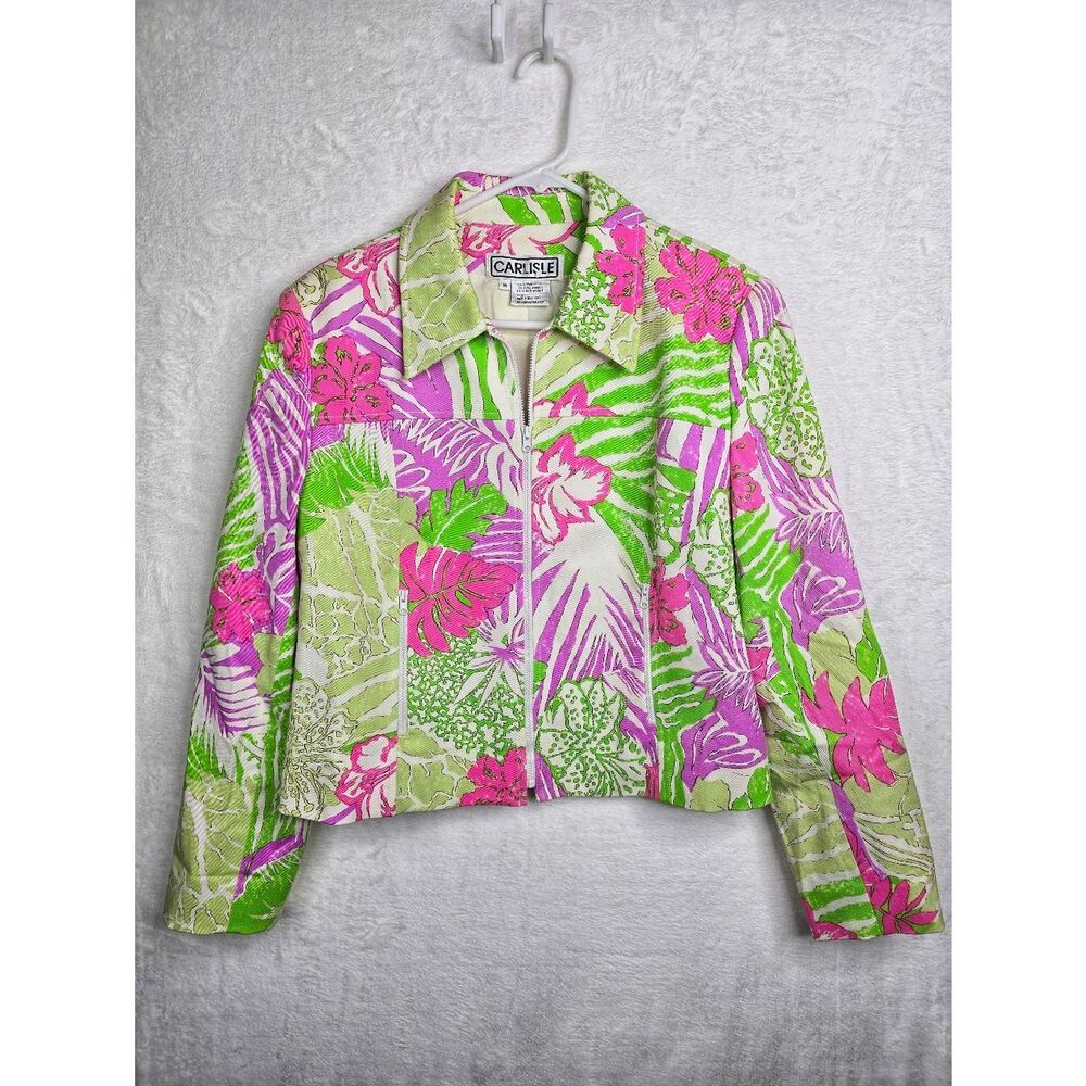 VTG Carlisle Tropical Floral Cropped Jacket 14 Pink Green Resort Shoulder Pad